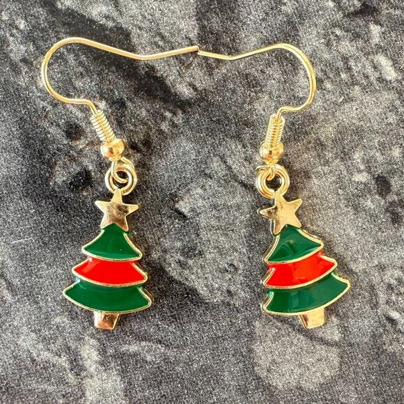Christmas Earrings Set Gold Tone Red Green Enamel Holiday Jewelry Giftable - Picture 3 of 8